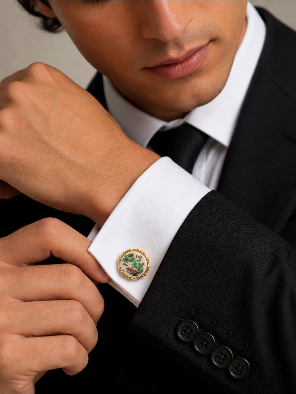 Gold-Tone Floral Enamel Cufflinks in Green and White - Men's Formal Accessory